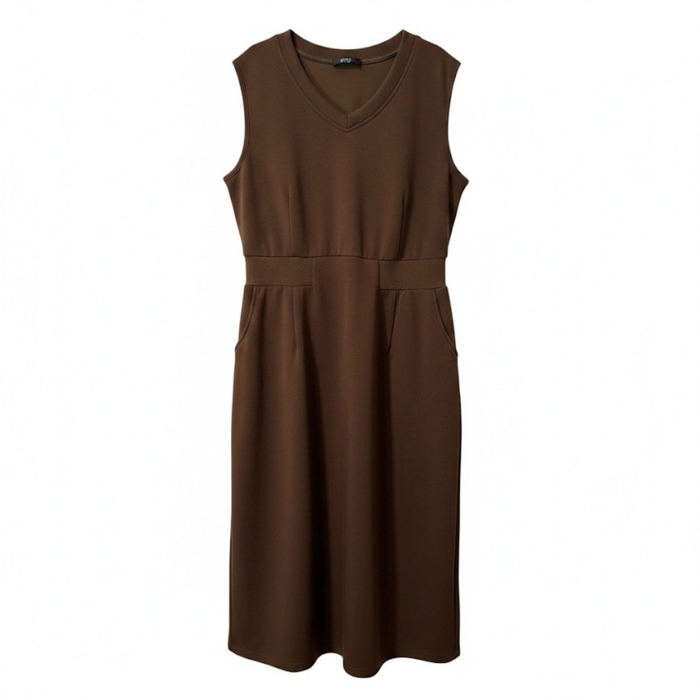 Brown Sleeveless V-Neck Midi Dress with Pockets‎ XL